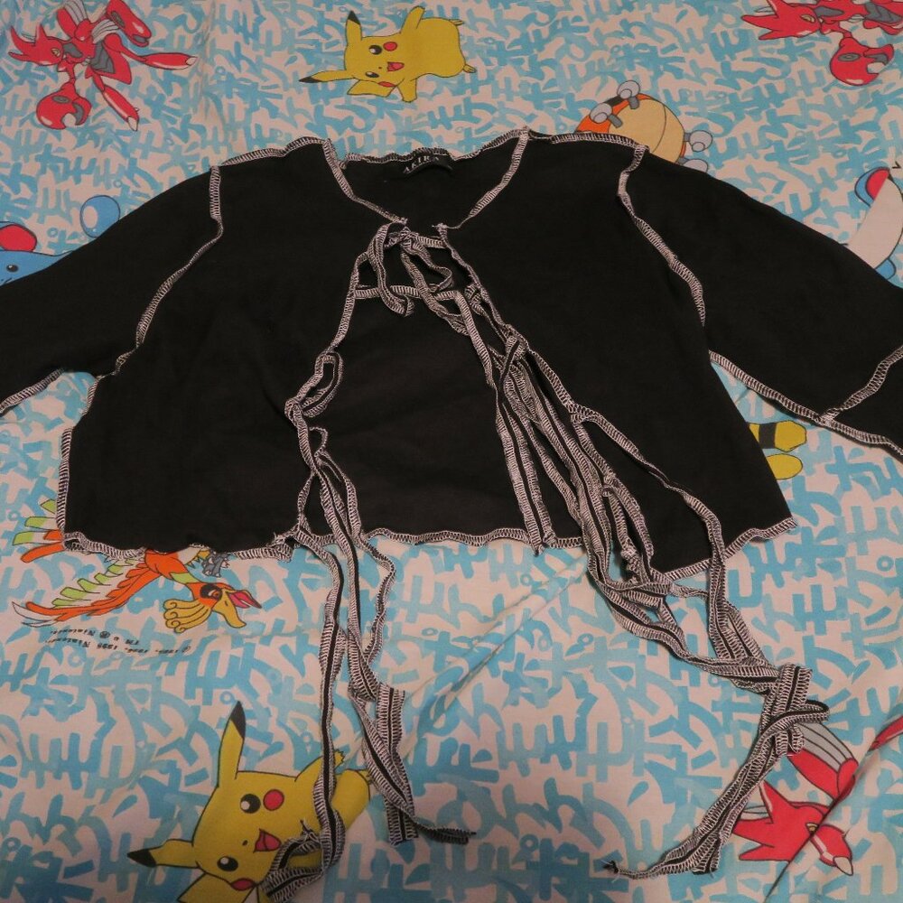 Akira Contrast Stitch Ribbed Tie-Front L/S Top Black Size 1XL Lace Gothic Rave